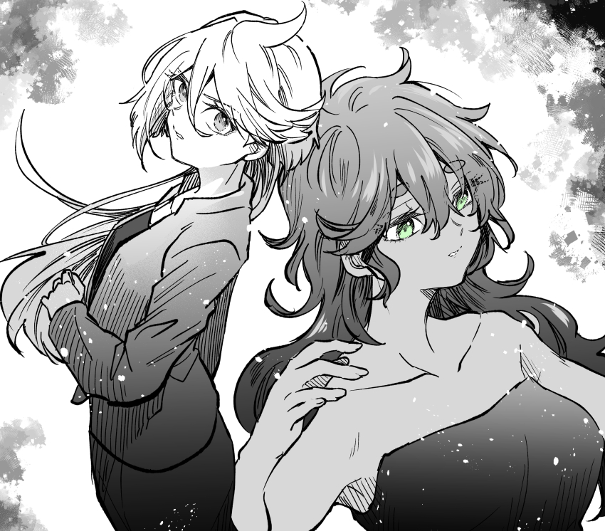 2girls absurdres breasts collarbone commentary dress green_eyes grey_eyes grey_hair greyscale gundam gundam_suisei_no_majo highres kudou_makoto long_hair medium_breasts miorine_rembran monochrome multiple_girls office_lady spot_color strapless strapless_dress suletta_mercury swept_bangs upper_body wavy_hair white_hair