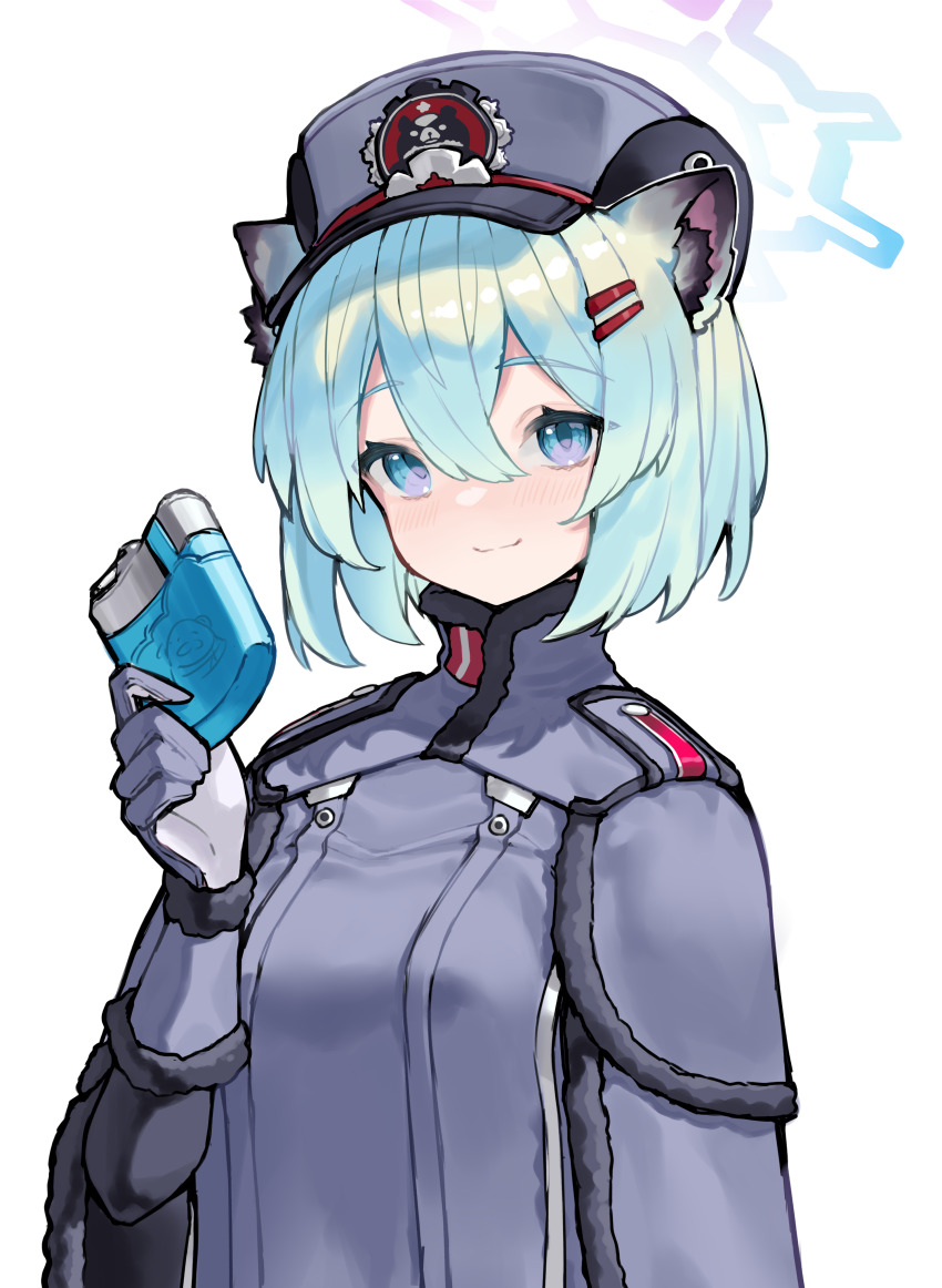 1girl absurdres animal_ear_fluff animal_ears aqua_hair blue_archive blue_eyes blush breasts closed_mouth gloves grey_hat hair_between_eyes hair_ornament hairclip halo hat highres hip_flask holding looking_at_viewer medium_breasts purple_eyes scarlet23i0 shigure_(blue_archive) short_hair simple_background solo upper_body weasel_ears weasel_girl white_background