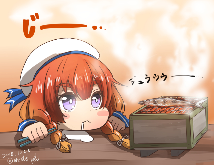 1girl :&lt; aoba_(akibajun) blush_stickers bow braid chopsticks cooking dated drooling etorofu_(kancolle) female_focus fish grill grilling hair_bow hat highres kantai_collection orange_hair sailor_hat saury smoke solo twin_braids twitter_username