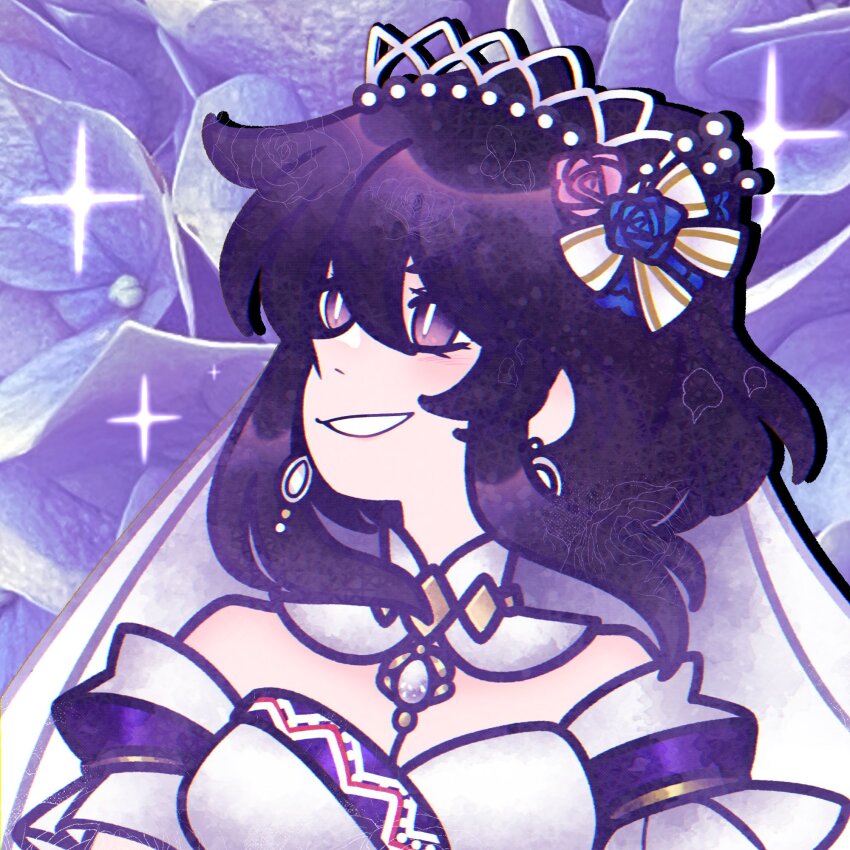 1girl black_hair bridal_veil bride brooch choker d_vaaaah dress earrings fire_emblem fire_emblem:_genealogy_of_the_holy_war fire_emblem_heroes highres jewelry larcei_(bride_of_astra)_(fire_emblem) larcei_(fire_emblem) looking_to_the_side nintendo purple_eyes short_hair sidelocks smile solo sparkle strapless strapless_dress tomboy veil wedding_dress white_dress