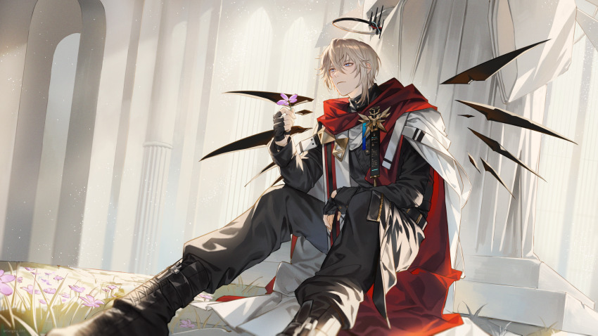 1boy absurdres against_wall arch arknights black_boots black_gloves black_shirt blonde_hair blue_eyes boots brooch capelet column commentary english_commentary executor_(arknights) executor_the_ex_foedere_(arknights) fingerless_gloves flower frown full_body gang_g gloves grey_pants halo highres holding holding_flower jewelry looking_afar making-of_available male_focus outdoors pants pillar purple_flower red_scarf scarf shirt solo statue white_capelet wings