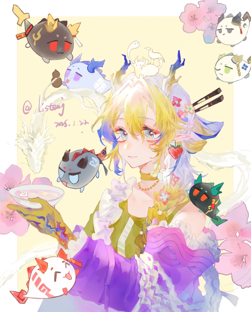 1girl annotated arknights bare_shoulders blonde_hair blue_eyes blue_hair border chinese_commentary choker chongyue_(arknights) closed_mouth collarbone colored_extremities commentary_request dated dragon_bubble_(arknights) dragon_girl dragon_horns drink dusk_(arknights) earrings flower frills fruit_earrings hair_between_eyes hair_intakes highres holding holding_drink horns jewelry jintiandetingyufanchelema ling_(arknights) long_hair looking_at_viewer multicolored_hair nian_(arknights) off_shoulder official_alternate_costume outside_border pink_flower pointy_ears shu_(arknights) shu_(spring_feast)_(arknights) smile solo upper_body wang_(arknights) white_border white_hair yellow_background yellow_choker yu_(arknights)