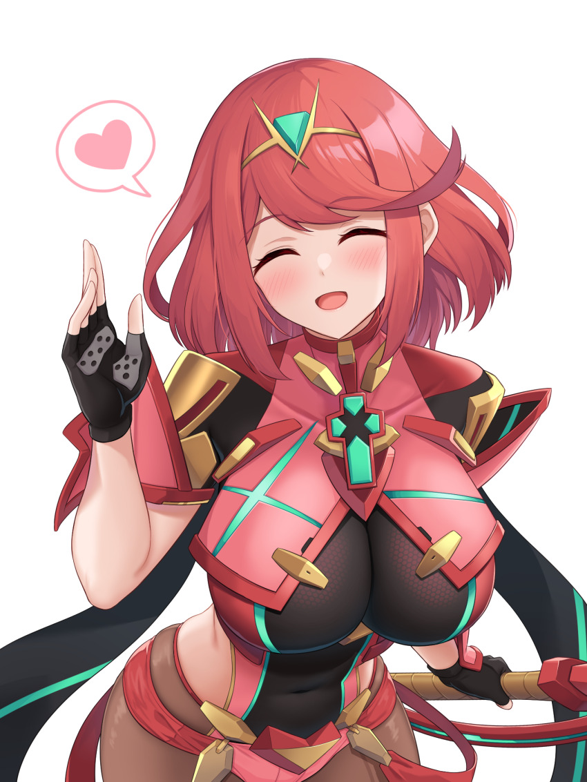 1girl aegis_sword_(xenoblade) backless_outfit black_gloves blush bob_cut breasts chest_jewel closed_eyes core_crystal_(xenoblade) covered_navel facing_viewer fingerless_gloves gem gloves hand_up heart highres holding holding_sword holding_weapon impossible_clothes large_breasts leaning_forward nintendo open_mouth pantyhose pantyhose_under_shorts pyra_(xenoblade) red_hair red_shorts reirall short_hair short_shorts short_sleeves shorts smile solo spoken_heart super_smash_bros. swept_bangs sword tiara upper_body weapon xenoblade_chronicles_(series) xenoblade_chronicles_2