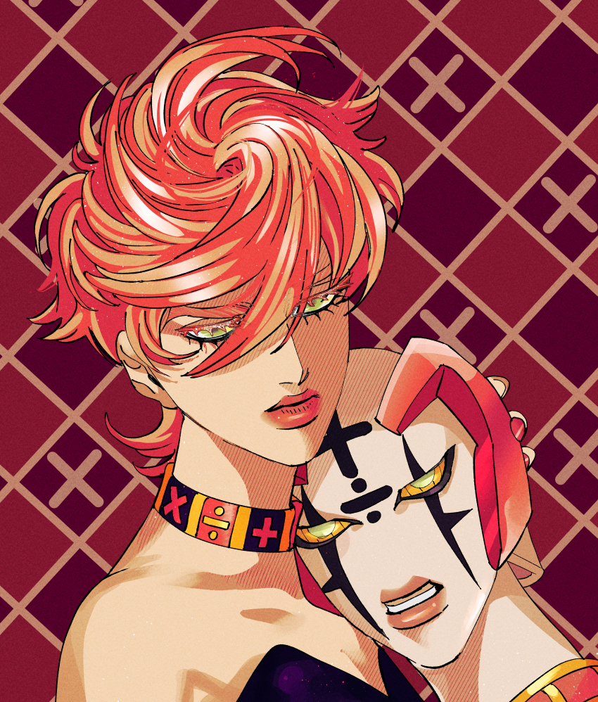 1girl 1other absurdres bare_shoulders checkered_background choker commentary_request danggo99 expressionless green_eyes hair_between_eyes highres jojo_no_kimyou_na_bouken korean_commentary pink_hair pink_lips short_hair spice_girl_(stand) stand_(jojo) trish_una vento_aureo