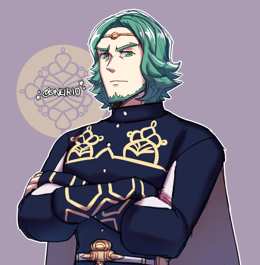 1boy artist_name beard belt cape circlet crossed_arms facial_hair fire_emblem fire_emblem:_three_houses green_eyes green_facial_hair green_hair highres male_focus nintendo purple_background seteth_(fire_emblem) solo star_(symbol)