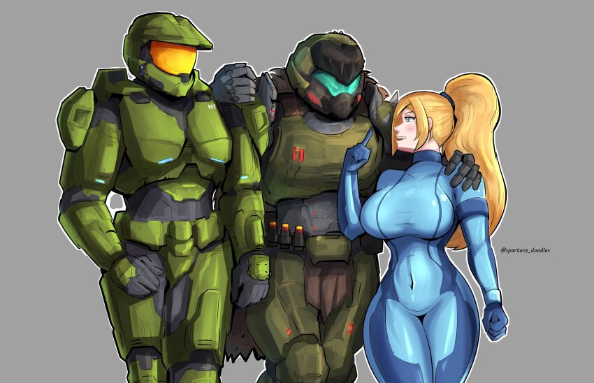 1girl 2boys absurdres assault_visor blonde_hair blue_bodysuit bodysuit doom:_the_dark_ages doom_(series) doom_eternal doomguy grey_visor halo_(series) highres impossible_bodysuit impossible_clothes master_chief metroid mole mole_under_mouth multiple_boys nintendo orange_visor praetor_suit samus_aran skin_tight smile space_marine spartans_doodles zero_suit