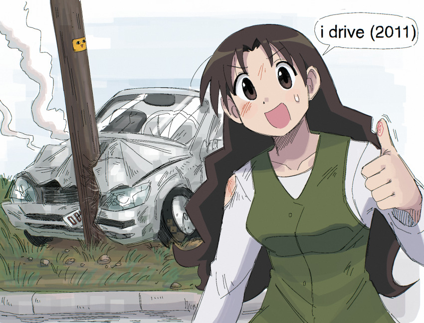 1girl airbag azumanga_daiou breasts brown_eyes brown_hair car car_crash collarbone commission crash dress drive_(movie) english_text grass green_dress highres long_hair long_sleeves looking_at_viewer medium_breasts mihama_chiyo&#039;s_father motor_vehicle open_mouth outdoors pie_(aipiepo) shirt solo sweat tanizaki_yukari thumbs_up torn_clothes utility_pole white_shirt