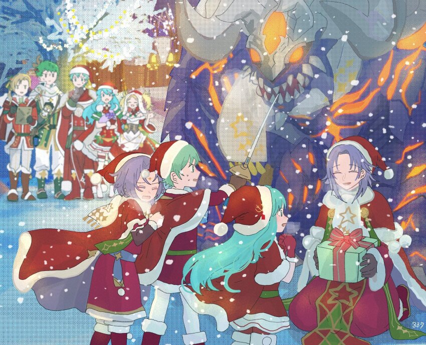 3girls 6+boys aged_down cape capelet christmas commentary_request demon demon_horns eirika_(fire_emblem) eirika_(twin_refulgence)_(fire_emblem) eirika_(winter)_(fire_emblem) ephraim_(fire_emblem) ephraim_(twin_refulgence)_(fire_emblem) ephraim_(winter)_(fire_emblem) fire_emblem fire_emblem:_the_sacred_stones fire_emblem_awakening fire_emblem_heroes forde_(fire_emblem) fur-trimmed_cape fur-trimmed_capelet fur-trimmed_gloves fur_trim gift gloves glowing glowing_eyes hat hiding hiding_behind_another highres holding holding_sword holding_weapon horns kyle_(fire_emblem) lissa_(fire_emblem) lissa_(pure_joy)_(fire_emblem) lyon_(fire_emblem) lyon_(grado&#039;s_gaze)_(fire_emblem) lyon_(winter)_(fire_emblem) multiple_boys multiple_girls nintendo rapier red_cape red_capelet red_gloves red_skirt santa_costume santa_hat sasaki_(dkenpisss) skirt snow sweatdrop sword weapon