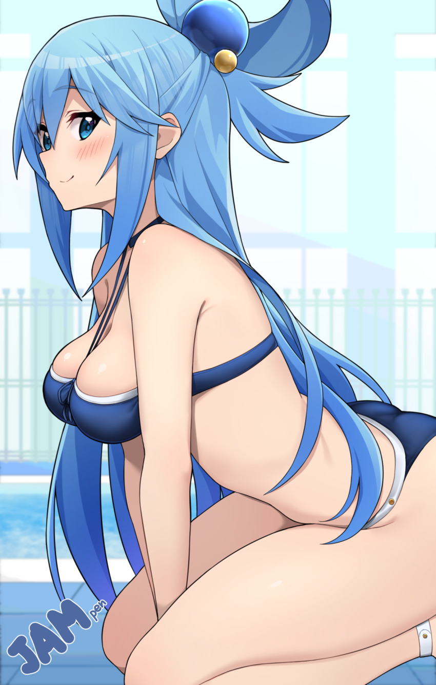 1girl aqua_(konosuba) artist_name ass bare_shoulders bikini blue_bikini blue_eyes blue_hair blush breasts commentary_request hair_ornament hair_rings highres jampen kono_subarashii_sekai_ni_shukufuku_wo! long_hair looking_at_viewer medium_breasts seiza single_hair_ring sitting solo stomach swimsuit very_long_hair