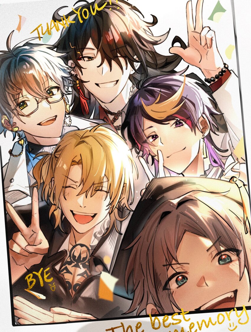 5boys :d ^_^ absurdres ahoge bead_bracelet beads black_hair black_shirt blonde_hair blue_eyes bracelet brown_hair chest_tattoo closed_eyes closed_mouth collared_shirt commentary_request crossed_bangs earclip earrings english_text eyes_visible_through_hair eyeshadow glasses green_eyes grey_hair grin hair_between_eyes hair_ornament hair_over_one_eye hairclip hand_up heart highres ike_eveland ike_eveland_(1st_costume) jacket jewelry jieli long_hair looking_at_viewer luca_kaneshiro luca_kaneshiro_(1st_costume) luxiem makeup male_focus medium_hair multicolored_eyes multicolored_hair multiple_boys mysta_rias nijisanji nijisanji_en one_eye_closed open_collar open_mouth orange_eyes parted_bangs photo_(object) pink_hair purple_eyes purple_hair red_eyeshadow red_shirt selfie shirt short_hair short_sidetail shu_yamino shu_yamino_(1st_costume) sidelocks single_earring smile streaked_hair swept_bangs tassel tassel_earrings tattoo teeth upper_teeth_only v v-shaped_eyebrows virtual_youtuber vox_akuma vox_akuma_(1st_costume) white_jacket yellow_eyes