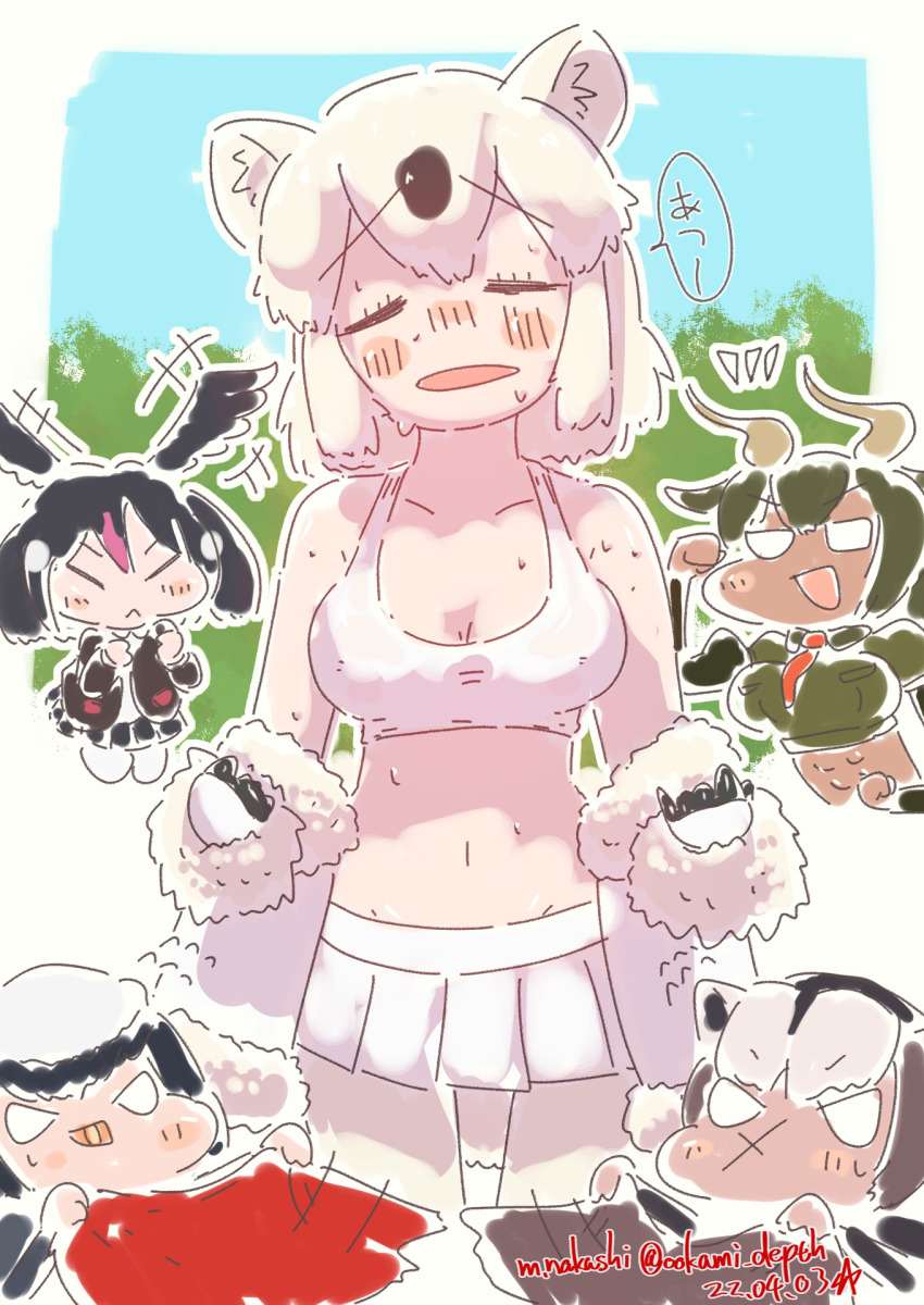 5girls abs animal_ears aurochs_(kemono_friends) badger_ears bandaid bandaid_on_face bandaid_on_nose bare_shoulders bear_ears bird_wings black_hair blank_eyes blush brown_hair chibi closed_eyes colored_inner_hair cropped_shirt dark-skinned_female dark_skin facing_viewer fanning flying_sweatdrops fur-trimmed_sleeves fur_trim furrowed_brow gloves greater_honeyguide_(kemono_friends) grey_hair head_wings highres horns hot jacket kemono_friends kemono_friends_3 medium_hair miniskirt motion_lines multicolored_hair multiple_girls nakashi_masakumi navel necktie off_shoulder open_mouth pantyhose pink_hair pleated_skirt polar_bear_(kemono_friends) ratel_(kemono_friends) scar scar_on_face shirt sketch skirt smile solo_focus sports_bra stomach sweat two-tone_hair undressing white_legwear wings wolverine_(kemono_friends)