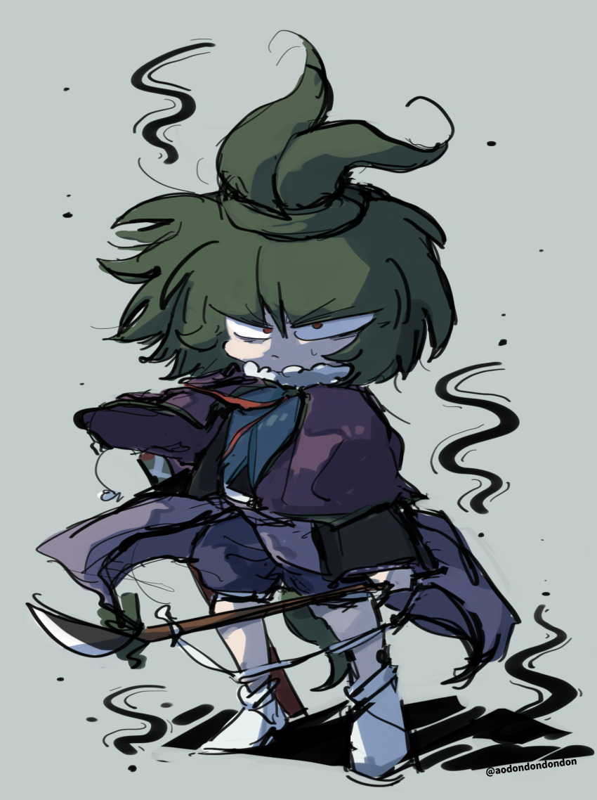 1other adagumo_no_saragimaru androgynous aodo_mikan bags_under_eyes bare_legs black_shirt blue_shorts blue_vest blunt_bangs capelet closed_mouth commentary_request determined double-parted_bangs floating_clothes floating_hair floral_print frown full_body fur-trimmed_capelet fur_trim green_hair grey_background hair_between_eyes hair_ornament hand_on_hilt high_ponytail highres holding holding_polearm holding_weapon japanese_clothes len&#039;en long_sleeves medium_hair naginata neck_ribbon other_focus polearm pom_pom_(clothes) ponytail puffy_shorts purple_capelet red_eyes red_ribbon ribbon shadow shirt short_ponytail short_sword shorts simple_background sleeves_past_wrists snake snake_hair_ornament snake_tail socks solo split_ponytail standing sweatdrop sword tail tsurime twitter_username v-shaped_eyebrows vest weapon white_socks wide_sleeves