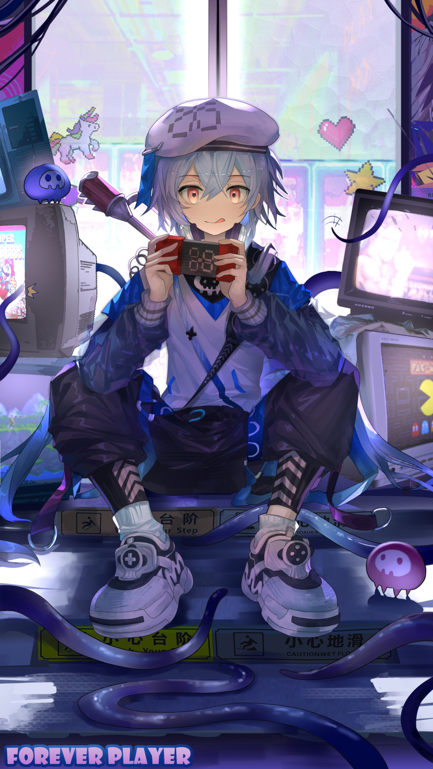 1boy :q absurdres arknights birchboat blue_hair chinese_commentary commentary_request handheld_game_console hat highres holding holding_handheld_game_console male_focus mizuki_(a_player_forever)_(arknights) mizuki_(arknights) official_alternate_costume pink_eyes shoes sitting sneakers solo tentacles tongue tongue_out