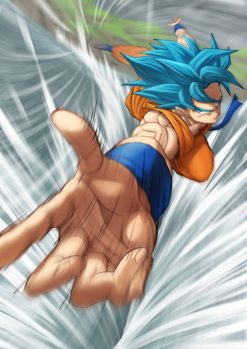 1boy blue_hair dougi dragon_ball dragon_ball_super flying foreshortening heydove highres male_focus muscular muscular_male solo son_goku spiked_hair super_saiyan super_saiyan_blue wristband