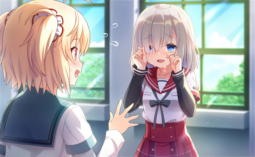 2girls artist_request ayano_rika black_sleeves blonde_hair blue_bow blue_bowtie blue_eyes blue_sailor_collar blue_sky blunt_bangs bow bowtie breast_pocket buttons chuo_academy_school_uniform cloud collarbone cowboy_shot crying crying_with_eyes_open dot_nose eyelashes eyes_visible_through_hair face-to-face fingernails game_cg grey_hair hair_ornament hair_over_one_eye hair_scrunchie hallway happy happy_tears high-waist_skirt highres indoors isuzu_ren jewelry kamihama_university_affiliated_school_uniform layered_sleeves light_blush light_particles light_rays long_sleeves looking_at_another magia_record:_mahou_shoujo_madoka_magica_gaiden mahou_shoujo_madoka_magica mahou_shoujo_madoka_magica_magia_exedra medium_hair multiple_girls official_art open_mouth outstretched_hand plaid_clothes plaid_skirt pleated_skirt pocket red_eyes red_sailor_collar red_skirt ring sailor_collar school school_uniform scrunchie shirt short_over_long_sleeves short_sleeves skirt sky sleeves_past_wrists smile standing sunlight sweatdrop tears tree two_side_up upper_body white_scrunchie white_shirt white_sleeves window wiping_tears worried