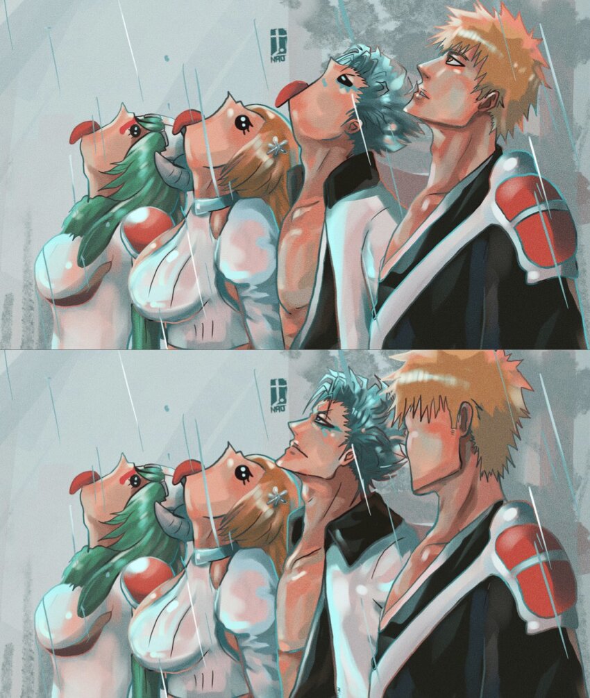 2boys 2girls black_robe bleach blue_hair dress facepaint goku_and_vegeta_in_the_rain_(meme) green_hair grimmjow_jaegerjaquez hair_ornament hairclip highres inoue_orihime juliet_sleeves kurosaki_ichigo long_hair long_sleeves looking_at_another looking_up mask mask_on_head meme moonymiw multiple_boys multiple_girls nelliel_tu_odelschwanck open_mouth orange_hair puffy_sleeves rain robe serious short_hair tongue tongue_out white_dress