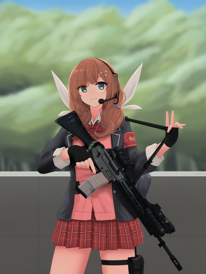 1girl absurdres armband assault_rifle bow bowtie brown_hair cardigan closed_mouth collared_shirt cowboy_shot fingerless_gloves girls&#039;_frontline gloves green_eyes gun hair_ornament headphones highres holding holding_gun holding_weapon howa_type_89 howa_type_89_(girls&#039;_frontline) jacket kwonwook03 pink_cardigan plaid_clothes plaid_skirt rifle school_uniform shirt skirt solo standing thigh_strap v weapon