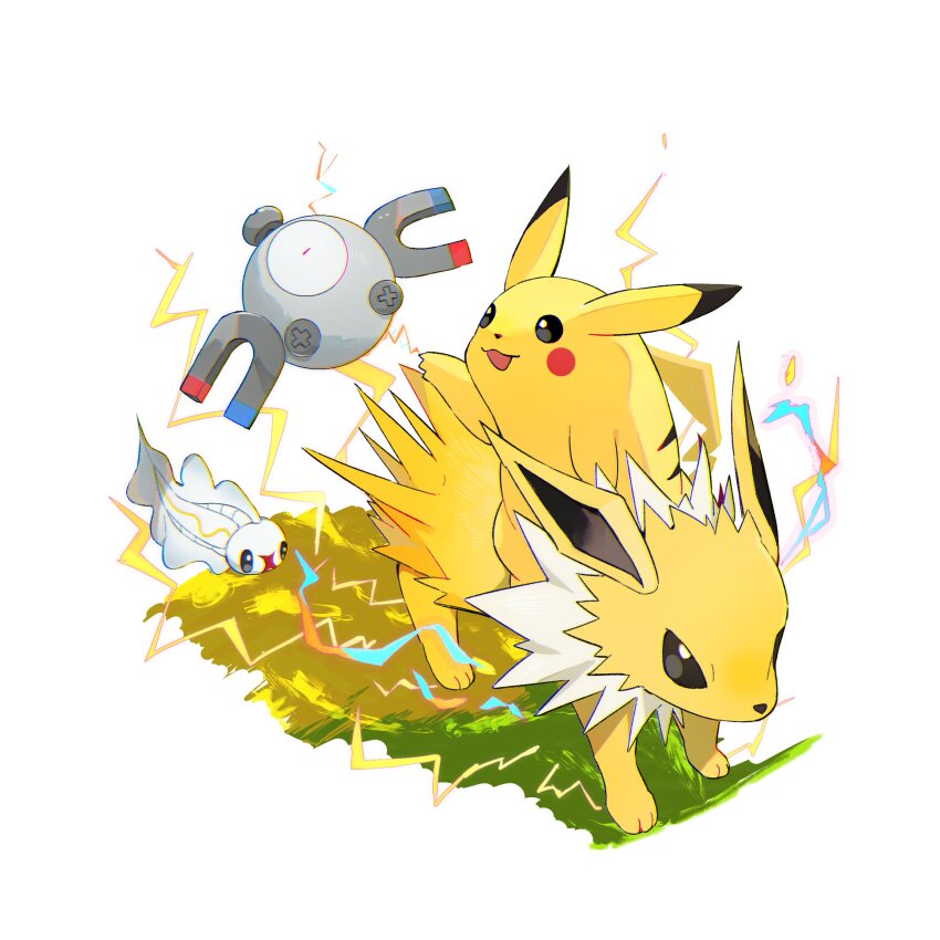 absurdres animal_focus animal_hands black_eyes cyauken_(ouahloup) electricity fish full_body gen_1_pokemon gen_5_pokemon highres jolteon looking_at_another magnemite magnet neck_fur nintendo no_humans open_mouth pikachu pokemon pokemon_(creature) simple_background spiky standing tynamo white_background white_fur yellow_fur