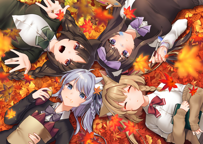 4girls :d akagi_kurage animal_ears arashio_(azur_lane) asashio_(azur_lane) autumn autumn_leaves azur_lane bag black_cardigan blue_eyes blurry bow bowtie braid breasts brown_cardigan brown_hair brown_sweater buttons cardigan cat_ears circle_formation closed_eyes collared_shirt commentary_request depth_of_field eating food from_above hair_bow holding large_breasts leaf long_hair long_sleeves looking_at_viewer lying maple_leaf michishio_(azur_lane) multiple_girls off_shoulder on_back ooshio_(azur_lane) open_mouth outdoors paint paintbrush paint_palette paper_bag purple_bow purple_eyes purple_neckwear red_eyes red_neckwear roasted_sweet_potato shirt silver_hair sleeping smile sweater sweater_vest sweet_potato twin_braids undershirt white_shirt