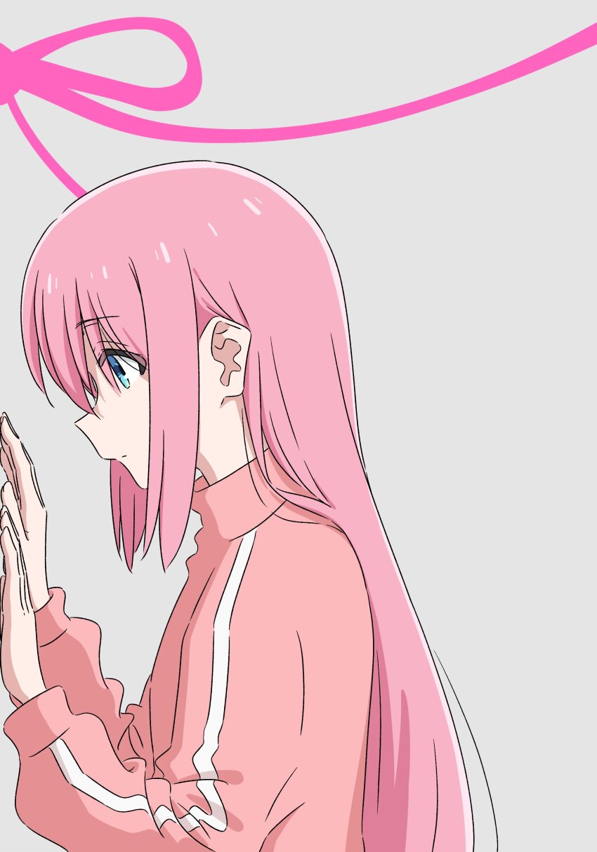 1girl absurdres blue_eyes bocchi_the_rock! gotoh_hitori grey_background highres jacket long_hair long_sleeves mayo_(oekaki_bibbi) pink_hair pink_jacket pink_ribbon ribbon sidelocks simple_background solo upper_body