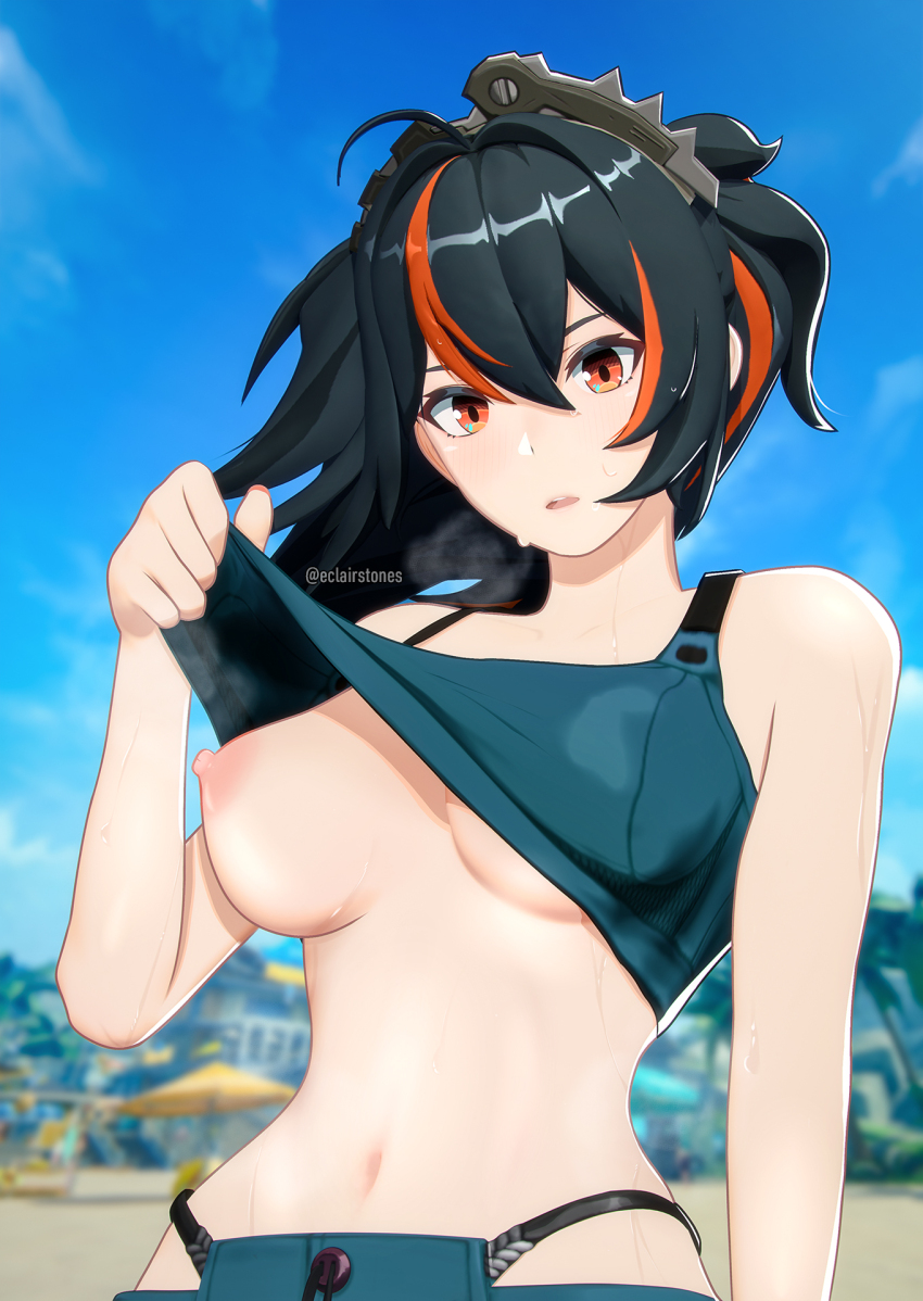 1girl artist_name beach bikini bikini_top_lift black_hair blender_(medium) blue_sky blurry blurry_background breasts clothes_lift cloud commentary dab_neko eclairstones english_commentary highres large_breasts multicolored_hair navel nipples outdoors parted_lips photoshop_(medium) ponytail red_hair red_streaks sky streaked_hair sweat swimsuit twitter_username two-tone_hair upper_body zenless_zone_zero zhu_yuan