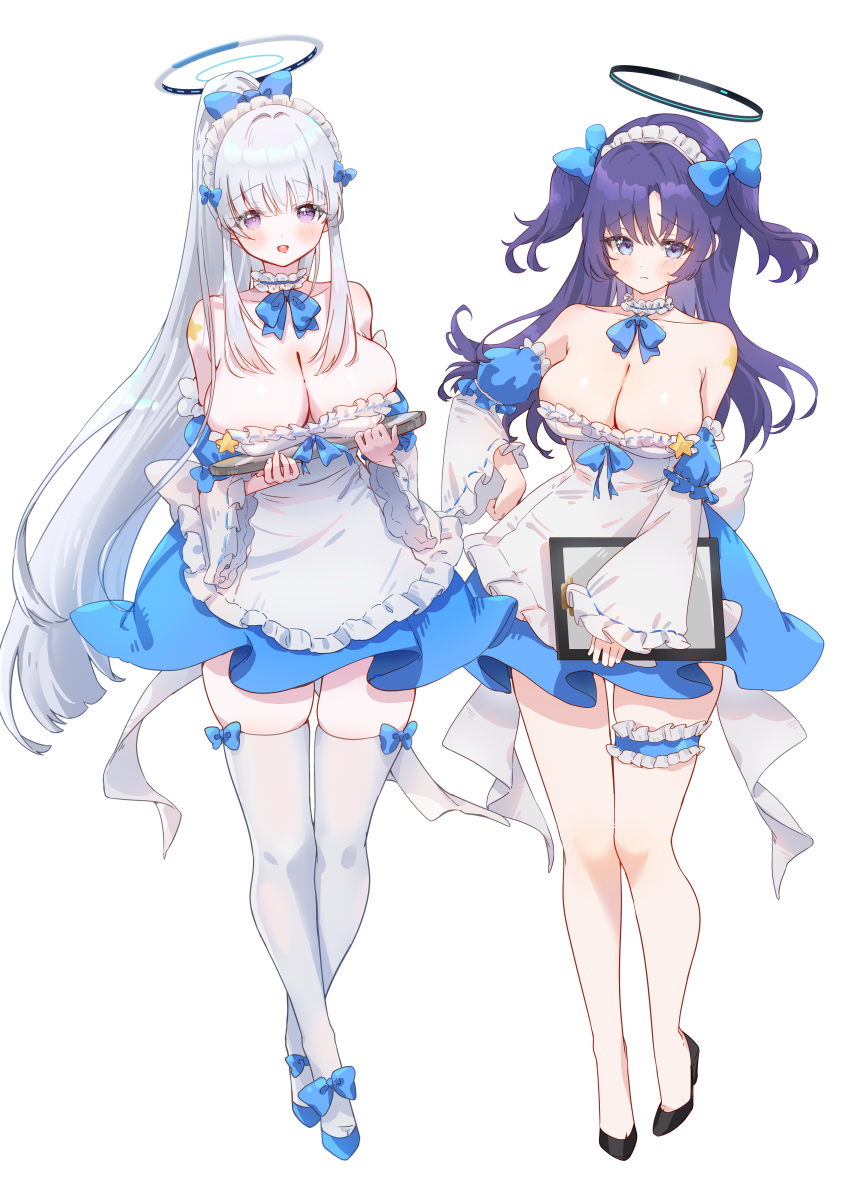 2girls absurdres alternate_costume apron ash_(cat7evy) bare_shoulders black_footwear black_halo blue_archive blue_bow blue_bowtie blue_dress blue_eyes blue_footwear blush bow bowtie breasts breasts_on_tray choker cleavage closed_mouth collarbone commentary dated detached_sleeves dress frilled_apron frilled_choker frills grey_hair halo hand_on_own_hip high_heels high_ponytail highres holding holding_tray large_breasts light_frown long_hair long_sleeves looking_at_viewer multiple_girls noa_(blue_archive) o-ring o-ring_thigh_strap open_mouth ponytail purple_eyes purple_hair signature strapless strapless_dress teeth thigh_strap thighhighs tray two_side_up upper_teeth_only very_long_hair white_apron white_background white_choker white_thighhighs yuuka_(blue_archive) zettai_ryouiki