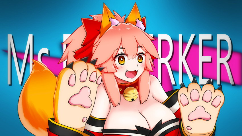 1girl animal_ear_fluff animal_ears animal_hands bare_shoulders bell blush breasts cat_paws cleavage collar detached_sleeves fangs fate/grand_order fate_(series) fox_ears fox_girl fox_tail gloves japanese_clothes jingle_bell keita_naruzawa kimono large_breasts mrbeast neck_bell open_mouth paw_gloves pink_hair ponytail real_life red_kimono red_ribbon ribbon solo tail tamamo_(fate) tamamo_cat_(fate) tamamo_cat_(first_ascension)_(fate) upper_body