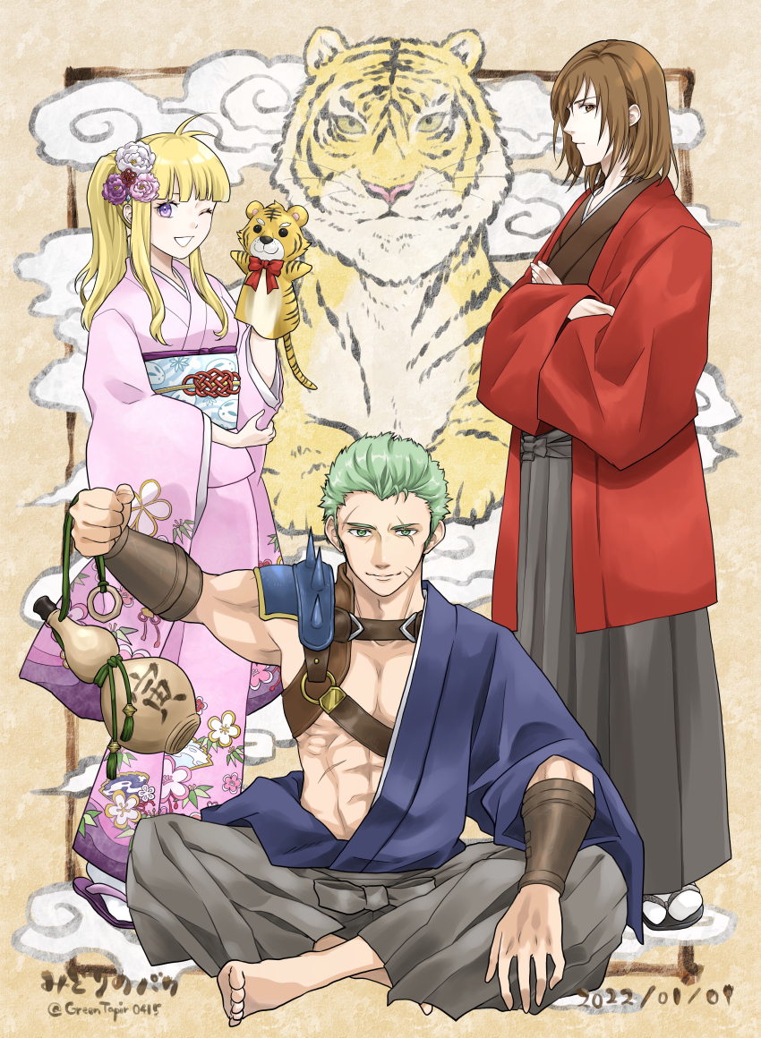 1girl 2boys abs absurdres artist_name barefoot blonde_hair brown_background brown_eyes brown_hair clarine_(fire_emblem) closed_mouth commentary_request crossed_arms dated dieck_(fire_emblem) eyelashes fire_emblem fire_emblem:_the_binding_blade flower gourd green_eyes green_hair grey_hakama hair_flower hair_ornament hakama haori highres inset_border japanese_clothes kimono light_smile looking_at_viewer midori_no_baku multiple_boys nintendo one_eye_closed pectorals print_kimono purple_eyes rutger_(fire_emblem) sandals scar scar_across_eye scar_on_face short_hair shoulder_spikes sitting smile spikes standing teeth tiger twitter_username whiskers zouri