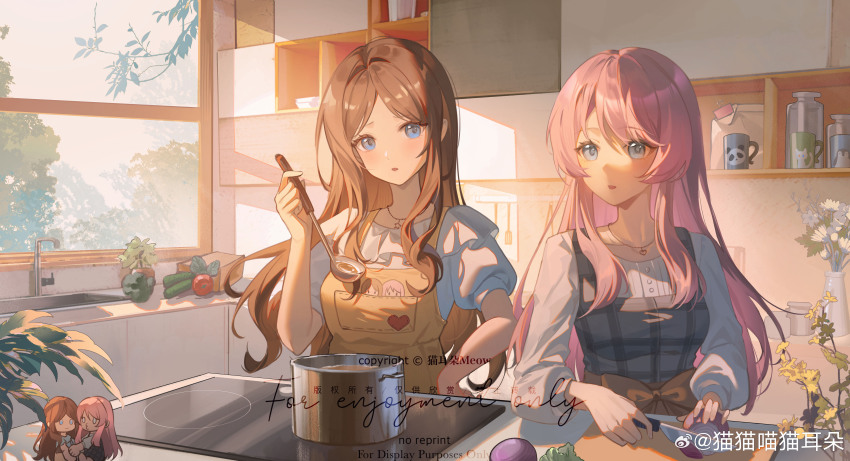 2girls absurdres apron bang_dream! bang_dream!_it&#039;s_mygo!!!!! blue_eyes broccoli brown_apron brown_hair character_doll character_print chihaya_anon chinese_commentary collarbone commentary_request cooking cooking_pot cucumber dress grey_dress grey_eyes heart highres holding holding_knife holding_ladle indoors jewelry kitchen knife ladle long_hair long_sleeves maoerduo_meow matching_outfits multiple_girls nagasaki_soyo necklace onion open_mouth pinafore_dress pink_hair plant potted_plant puffy_short_sleeves puffy_sleeves shirt short_sleeves sidelocks sleeveless sleeveless_dress sunlight tomato variant_set watermark weibo_watermark white_shirt window