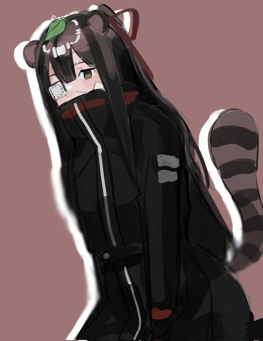 1girl animal_ears black_gloves black_jacket brown_eyes brown_hair gloves hair_ribbon half_updo highres jacket leaf leaf_on_head library_of_ruina long_hair long_sleeves looking_at_viewer msx_(mis4xi) pink_background project_moon raccoon_ears raccoon_tail red_ribbon ribbon shi_association_south_uniform sidelocks simple_background solo tail tenma_(project_moon) very_long_hair