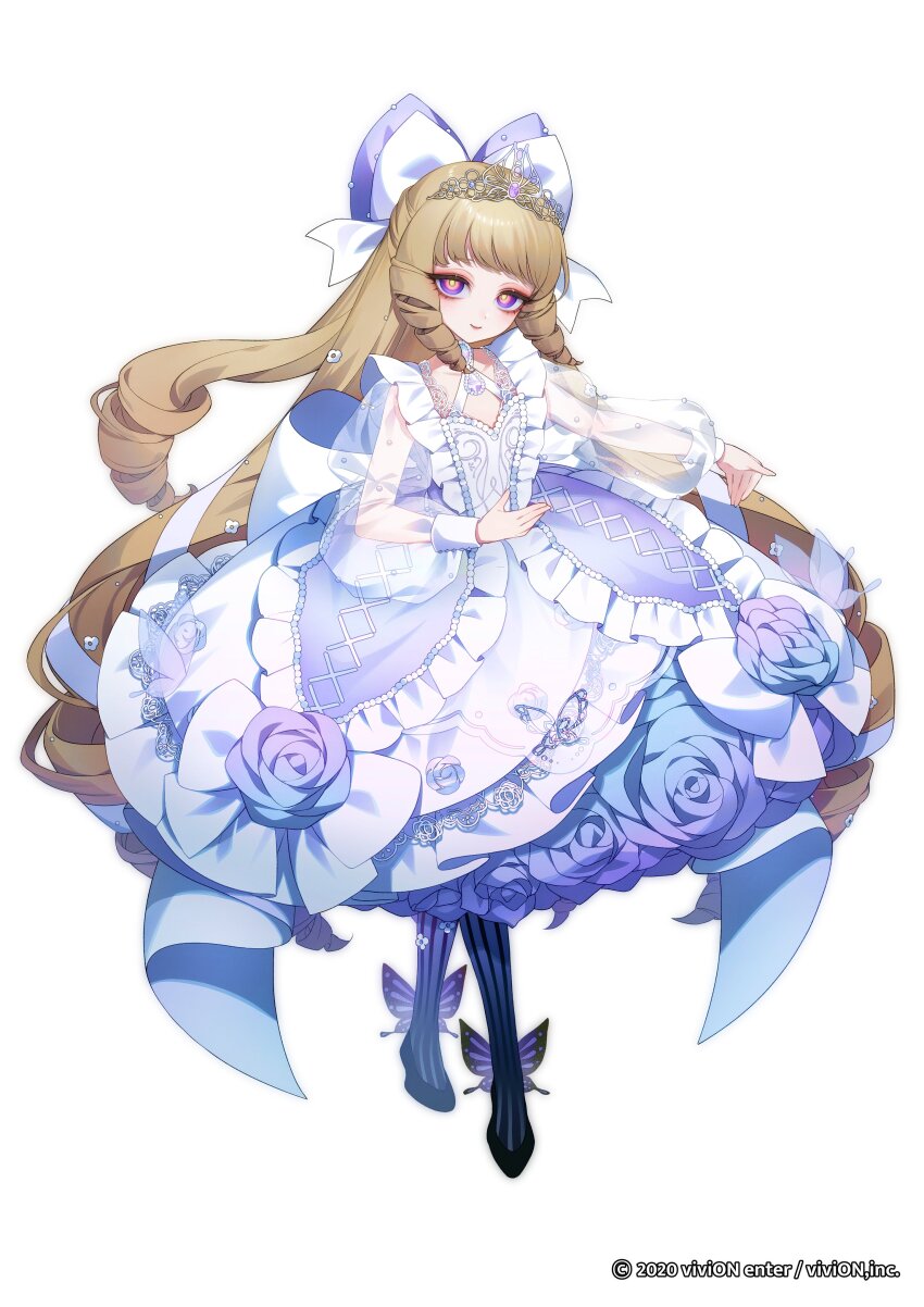 1girl absurdres ankle_wings back_bow black_pantyhose black_shoes blonde_hair blue_flower blue_rose blunt_bangs bow butterfly_ornament clock_over_orquesta closed_mouth copyright_notice criss-cross_halter cross-laced_clothes cross-laced_dress crossed_legs dress dress_flower drill_hair drill_sidelocks eyeshadow flat_chest flower flower_underskirt frilled_dress frills full_body gem gradient_flower hair_bow hair_flower hair_ornament hair_ribbon halterneck hand_on_own_stomach highres lace lace-trimmed_dress lace_trim long_hair long_sleeves looking_at_viewer makeup medium_dress multicolored_eyes official_art outstretched_arm pantyhose petticoat pink_eyes puffy_long_sleeves puffy_sleeves purple_bow purple_dress purple_eyes purple_flower purple_gemstone purple_pantyhose purple_rose red_eyeshadow ribbon rose sayu_(snowman_and_mayu) see-through_clothes see-through_sleeves shoes sidelocks simple_background smile solo standing striped_clothes striped_pantyhose tiara tink_(clock_over_orquesta) two-tone_dress vertical-striped_clothes vertical-striped_pantyhose very_long_hair watson_cross white_background white_bow white_dress white_flower white_ribbon wings yellow_pupils