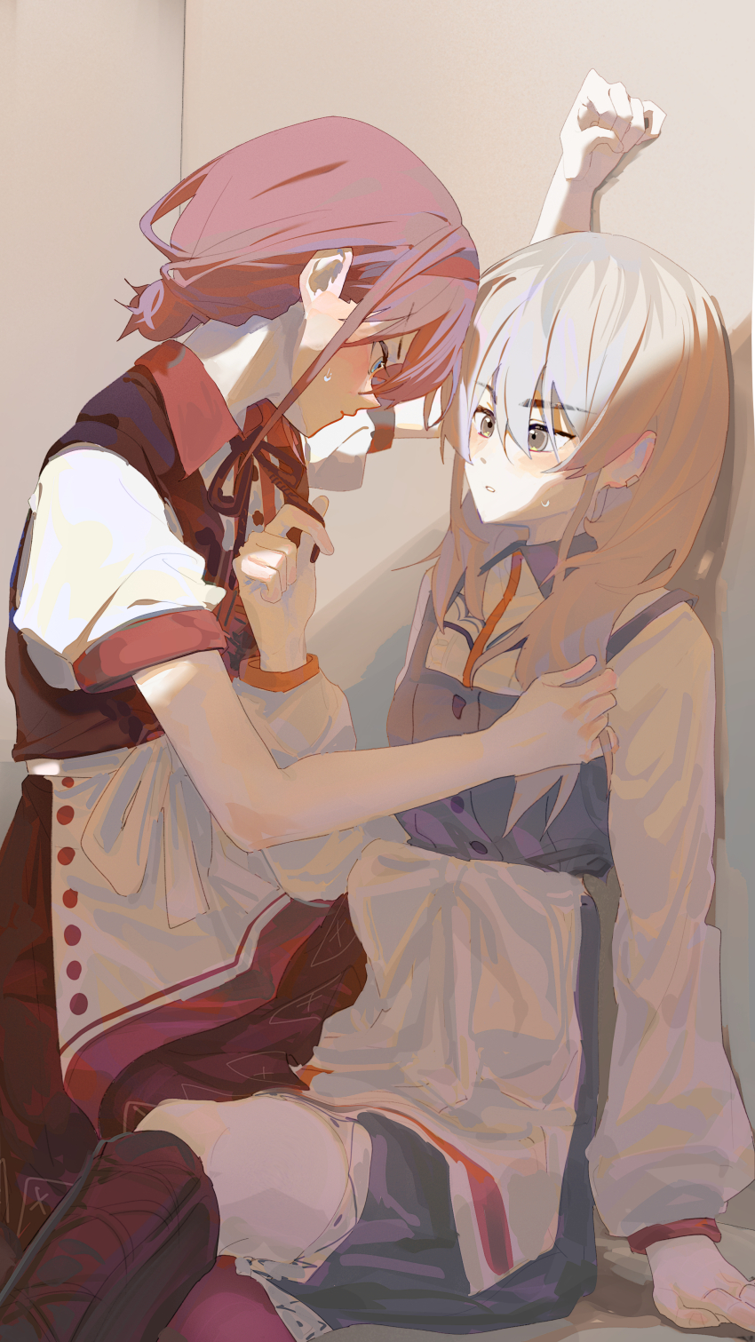 2girls absurdres apron between_legs blue_eyes blush collared_shirt commentary girls_band_cry grey_eyes grey_hair hand_in_another&#039;s_hair highres iseri_nina kabedon kawaragi_momoka long_hair long_sleeves looking_at_another multiple_girls neck_ribbon red_hair red_ribbon ribbon shade shirt short_sleeves short_twintails sitting sweatdrop twintails waist_apron white_apron white_shirt ydpfa yuri