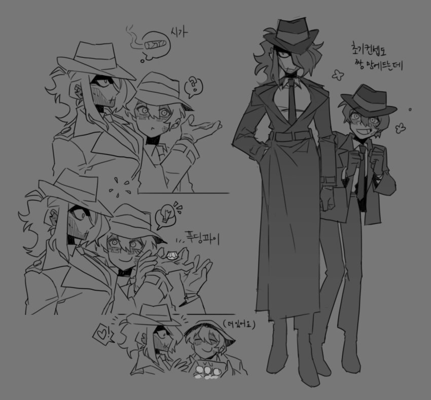 2girls :&lt; ? absurdres alternate_universe awaria baba_yaga_(awaria) boots cigar closed_eyes closed_mouth coat collared_shirt commentary_request dress_shirt fedora food formal_clothes full_body gloves grey_background greyscale grin hair_between_eyes hair_over_one_eye hand_in_pocket hat heart highres holding holding_food korean_commentary korean_text long_hair long_sleeves monochrome multiple_girls multiple_views necktie nyamfrog one_eye_covered pant_suit pants pie ponytail prototype_design scar scar_on_face scar_on_mouth shirt short_hair simple_background smile speech_bubble spoken_heart spoken_question_mark standing suit thought_bubble translation_request ula_usterka wide-eyed