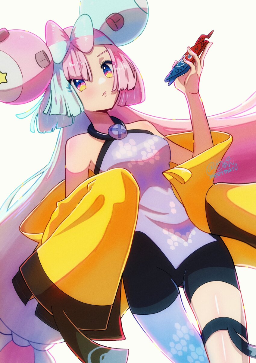 1girl bare_arms blue_hair bow-shaped_hair breasts character_hair_ornament fake_hair_bun gen_1_pokemon gen_4_pokemon grey_pantyhose hair_ornament halterneck hand_up hexagon_print highres holding holding_phone iono_(pokemon) jacket long_hair low-tied_long_hair magnemite medium_breasts multicolored_hair nintendo open_clothes open_jacket oversized_clothes pantyhose phone pink_hair pokemon pokemon_sv rotom rotom_phone sheyona single_leg_pantyhose solo split-color_hair very_long_sleeves x yellow_jacket