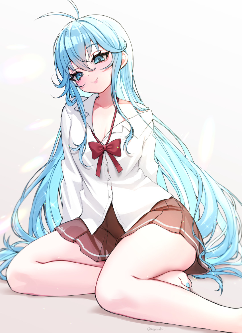 1girl absurdres aegyo_sal antenna_hair arms_behind_back barefoot blue_eyes blue_hair bow bowtie breasts brown_skirt cleavage closed_mouth collared_shirt denpa_onna_to_seishun_otoko hair_between_eyes hair_spread_out head_tilt highres long_hair long_sleeves looking_at_viewer loose_bowtie miniskirt nemuaki pleated_skirt red_bow red_bowtie school_uniform shirt single_off_shoulder sitting skirt smile solo thighs touwa_erio very_long_hair white_shirt