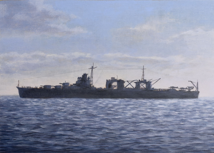 absurdres acrylic_paint_(medium) aircraft airplane atelier_bono blue_sky cannon crane_(machine) highres mast military_vehicle morning nisshin_(seaplane_tender) no_humans ocean original painting_(medium) seaplane seaplane_tender ship ship_turret sky traditional_media vehicle_focus warship watercraft