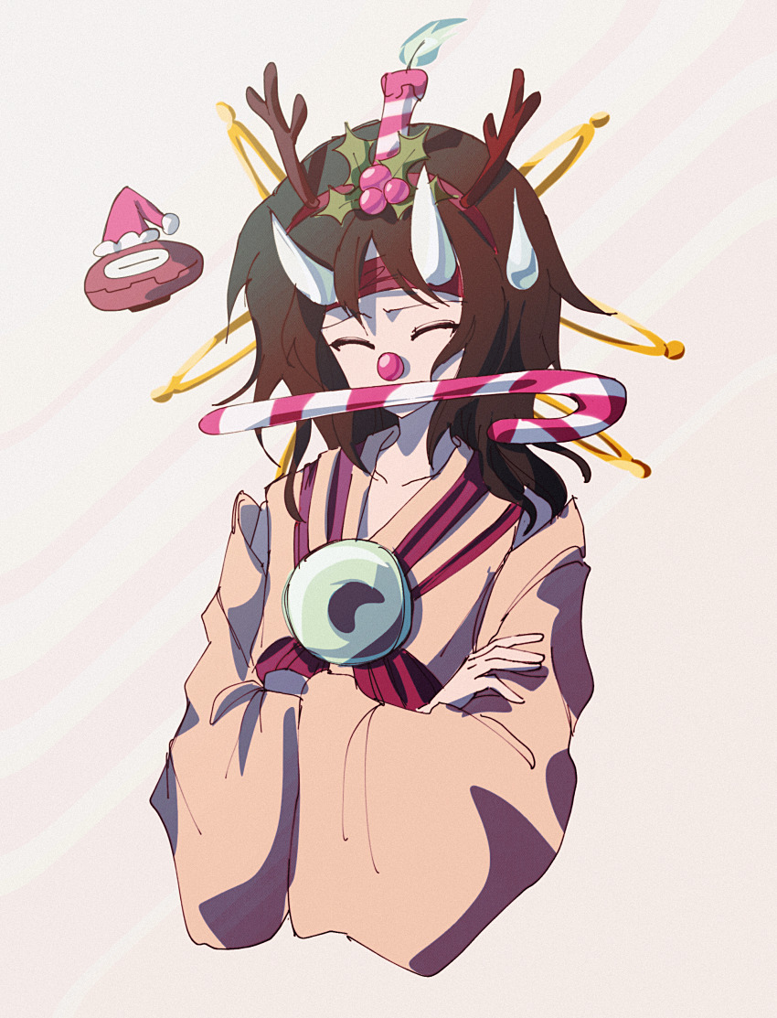 1other absurdres androgynous antlers atoymk black_hair blue_fire brown_kimono burabura candle_on_head candy candy_cane christmas closed_eyes crossed_arms fake_antlers fire food hair_ornament hairband hairclip hat headband highres holly_hair_ornament horns japanese_clothes kimono len&#039;en long_sleeves medium_hair mouth_hold object_on_head other_focus red_hairband red_headband reindeer_antlers santa_hat sweatdrop taira_no_chouki upper_body white_horns wide_sleeves