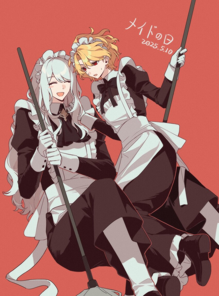 1boy 1girl alternate_costume apron ascot black_ascot black_bow black_bowtie black_dress black_shoes blonde_hair bow bowtie broom closed_eyes crossdressing don_quixote_(project_moon) dress enmaided full_body gloves highres holding holding_broom juliet_sleeves kamisiro_sora la_manchaland&#039;s_don_quixote_(project_moon) limbus_company long_hair long_sleeves looking_at_another looking_at_viewer maid maid_apron maid_headdress male_maid open_mouth parted_bangs project_moon puffy_sleeves red_background red_eyes sancho_(project_moon) shoes short_hair simple_background sitting standing white_apron white_gloves white_hair