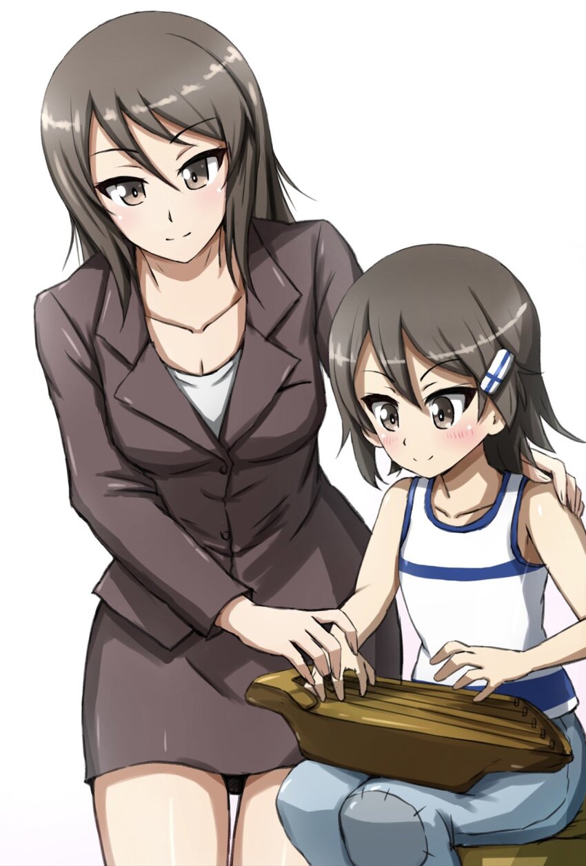 2girls aged_down aged_up bad_id bad_twitter_id blazer blue_pants brown_eyes brown_hair brown_jacket brown_skirt child closed_mouth commentary finnish_flag formal_clothes girls_und_panzer hair_ornament hairclip hand_on_another&#039;s_shoulder highres holding holding_instrument instrument jacket kantele long_hair long_sleeves looking_at_another medium_hair mika_(girls_und_panzer) miniskirt multiple_girls music omachi_(slabco) pants patch pencil_skirt playing_instrument shirt simple_background sitting skirt skirt_suit smile standing suit tank_top time_paradox white_background white_shirt white_tank_top
