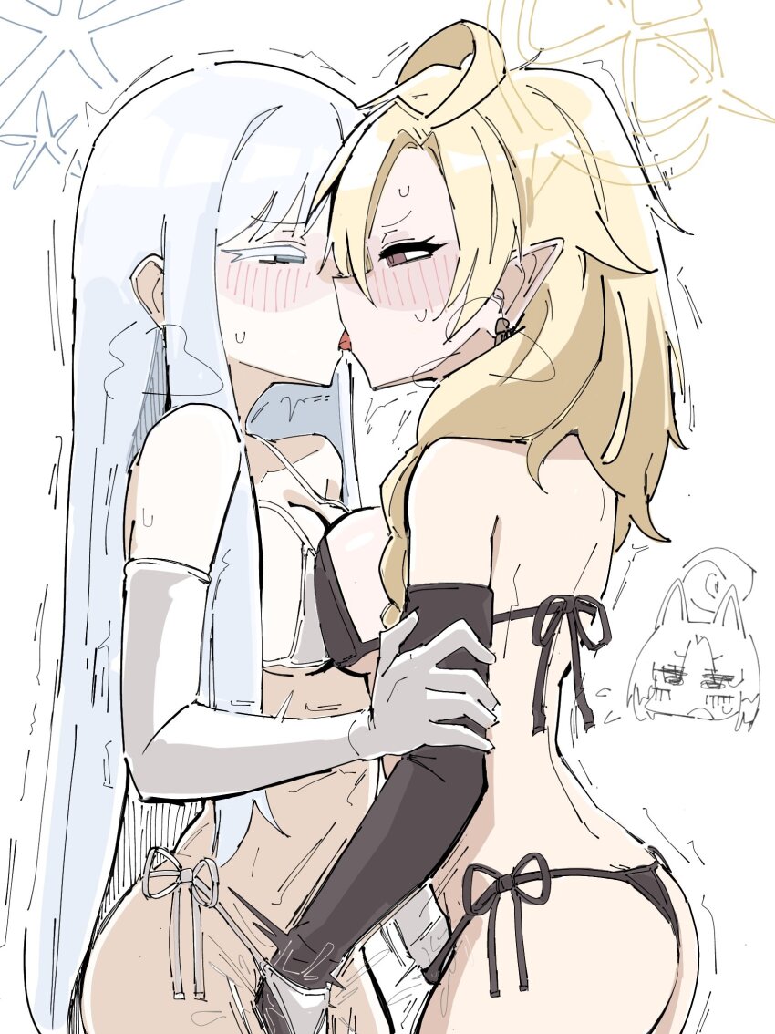 2girls ahoge asymmetrical_docking ayame_(blue_archive) bagaponchi bare_shoulders bikini black_bikini black_gloves blonde_hair blue_archive blush breast_press breasts elbow_gloves fingering french_kiss gloves halo highres kikyou_(blue_archive) kiss large_breasts long_hair multiple_girls nagusa_(blue_archive) pointy_ears red_eyes side-tie_bikini_bottom swimsuit white_background white_bikini white_gloves white_hair yuri