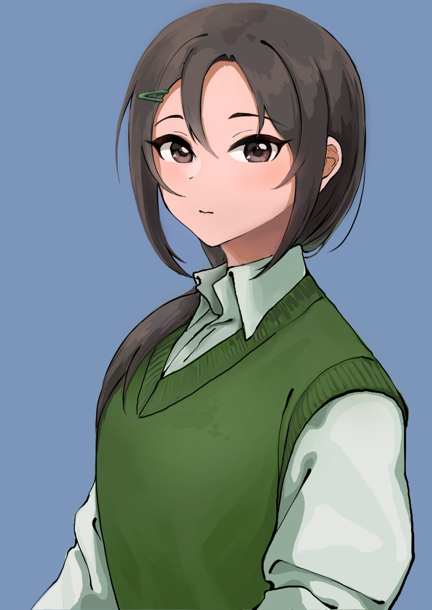 1girl absurdres aoki_kei black_eyes blue_background collared_shirt green_vest hair_between_eyes hair_ornament hair_over_shoulder hairclip highres idolmaster idolmaster_cinderella_girls looking_at_viewer ponytail shirt simple_background solo trainer_(idolmaster) upper_body ushimochi vest wavy_mouth white_shirt