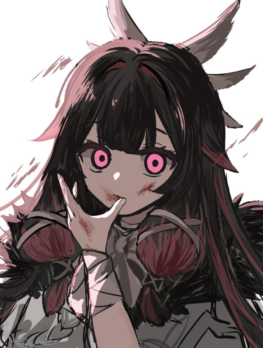 1girl aiguillette bandaged_wrist bandages black_hair blood blood_on_face blood_on_hands blunt_bangs blunt_tresses coat columbina_(genshin_impact) cowlick double-parted_bangs enoziku_16 expressionless fatui_coat fingernails fur_collar genshin_impact hair_intakes hair_ribbon hair_tubes hand_up head_wings highres long_hair looking_at_viewer multicolored_hair multiple_wings open_hand pink_eyes portrait red_hair ribbon sidelocks sketch solo streaked_hair tress_ribbon white_background white_coat white_ribbon white_wings wide-eyed wings