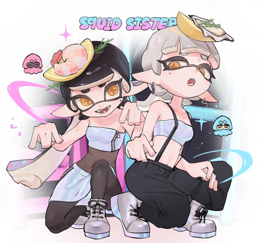 2girls baggy_pants black_hair bodystocking callie_(splatoon) callie_(summer_nights)_(splatoon) ear_piercing english_text fangs food fruit full_body grey_hair highres inkling inkling_(swim_form) lemon lemon_slice looking_at_viewer mangmengml marie_(splatoon) marie_(summer_nights)_(splatoon) mole mole_under_eye multiple_girls navel nintendo open_mouth orange_eyes oyster pants piercing pointy_ears shoes shrimp skirt smile sneakers sparkle splatoon_(series) splatoon_3 squatting strapless suspenders tentacle_hair tube_top