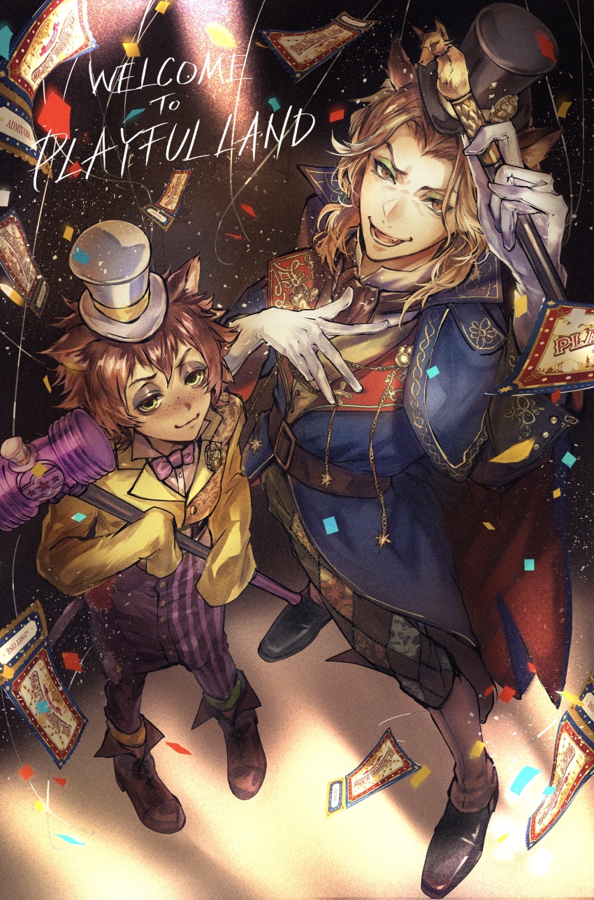 2boys absurdres animal_ears baggy_pants blue_coat brown_background brown_hair cane cat_boy cat_ears cat_tail coat commentary confetti english_commentary english_text eyeshadow fangs fellow_honest fox_boy fox_ears freckles from_above gidel_(twisted_wonderland) gloves green_eyes green_eyeshadow hand_on_own_chest hat highres ho9_999 holding holding_cane holding_mallet looking_at_viewer makeup male_focus mallet mini_hat mini_top_hat multiple_boys orange_eyes orange_hair pants pigeon-toed shirt short_hair sleeves_past_fingers sleeves_past_wrists standing tail ticket top_hat twisted_wonderland white_gloves yellow_shirt