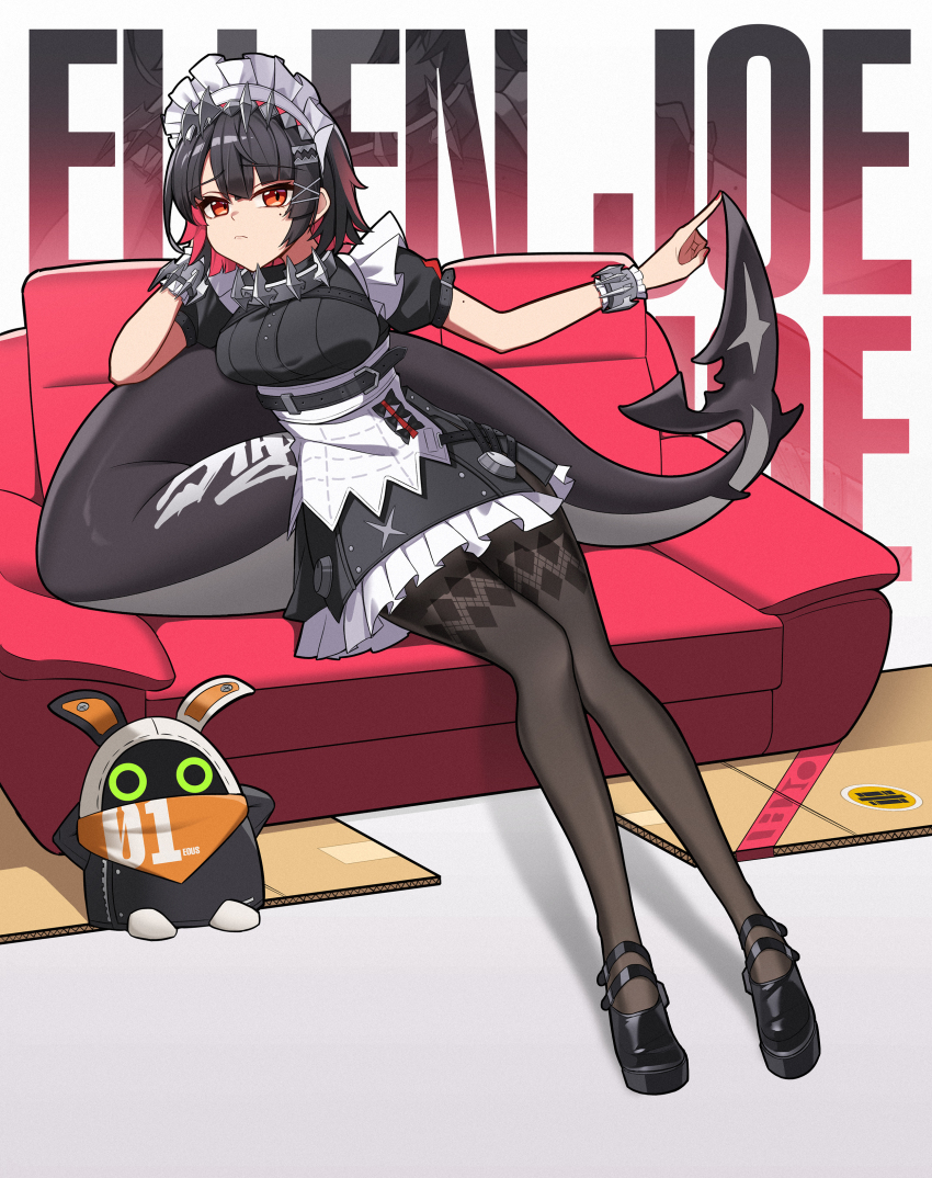 1girl absurdres bangboo_(zenless_zone_zero) black_hair black_pantyhose black_shoes character_name closed_mouth commentary couch ellen_joe eous_(zenless_zone_zero) fins fish_tail highres looking_at_viewer maid maid_headdress multicolored_hair on_couch pantyhose red_eyes red_hair shark_girl shark_tail shoes short_hair sitting solo tail two-tone_hair yeong_r6 zenless_zone_zero