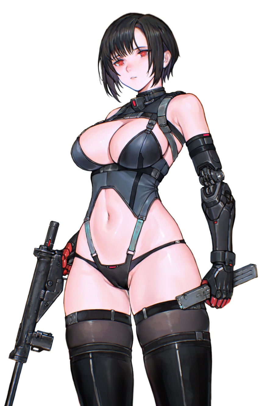 1girl absurdres black_hair black_panties black_pantyhose boots breasts cameltoe cleavage clothing_cutout cowboy_shot ears_visible_through_hair grey_leotard groin gun highleg highleg_leotard highres holding holding_gun holding_magazine_(weapon) holding_weapon iuui large_breasts leotard looking_at_viewer magazine_(weapon) mechanical_arms navel original panties panties_under_leotard pantyhose parted_lips red_eyes revealing_clothes short_hair simple_background solo sten_gun stomach_cutout submachine_gun thigh_boots underwear weapon white_background