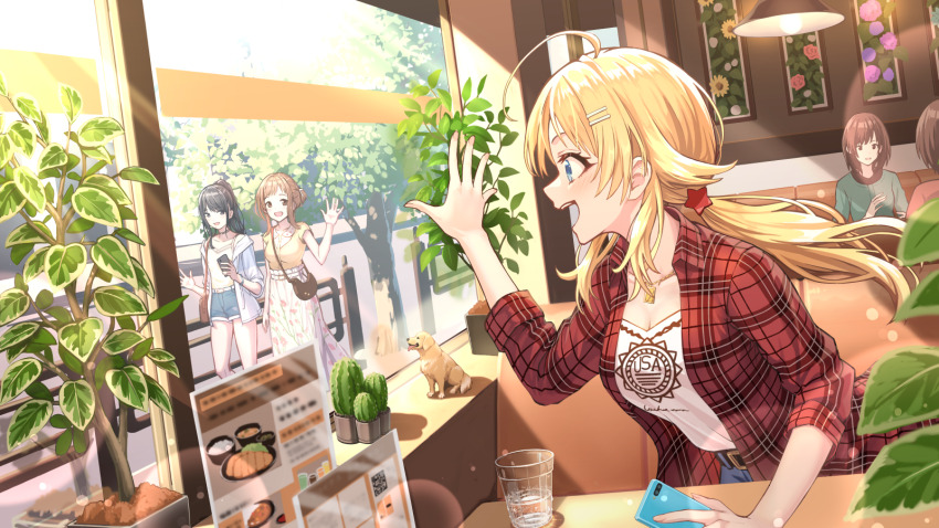 5girls ahoge blonde_hair blush breasts cleavage extra hachimiya_meguru highres holding holding_phone idolmaster idolmaster_shiny_colors indoors jacket kazano_hiori lens_flare light_rays looking_at_another macha0331 medium_breasts multiple_girls phone plaid_clothes plaid_jacket plant potted_plant red_jacket restaurant sakuragi_mano smile sunlight twintails waving