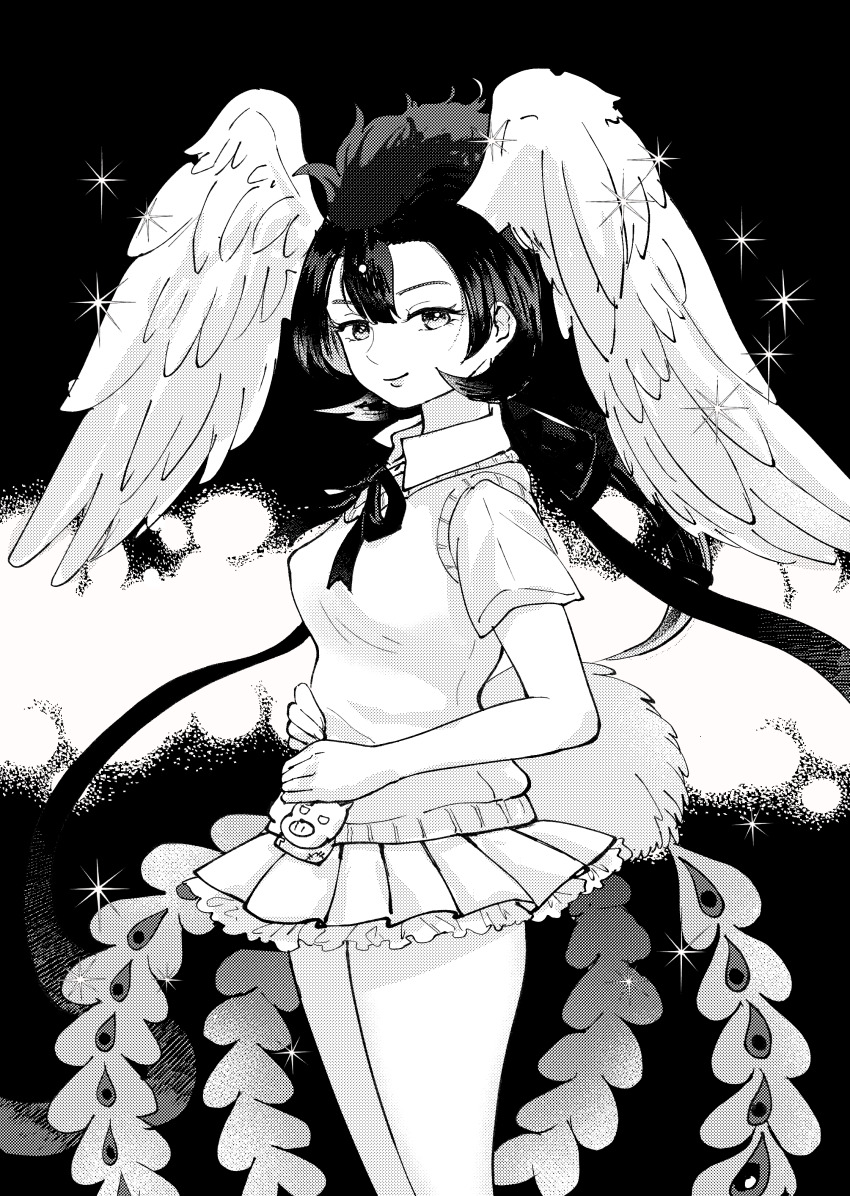 1girl absurdres closed_mouth feathered_wings gotogawa greyscale hair_between_eyes head_wings hi_no_tori hi_no_tori_(kemono_friends) highres hyoutantsugi kemono_friends looking_at_viewer monochrome pleated_skirt ribbon short_hair short_sleeves skirt smile solo sparkle sweater_vest wings