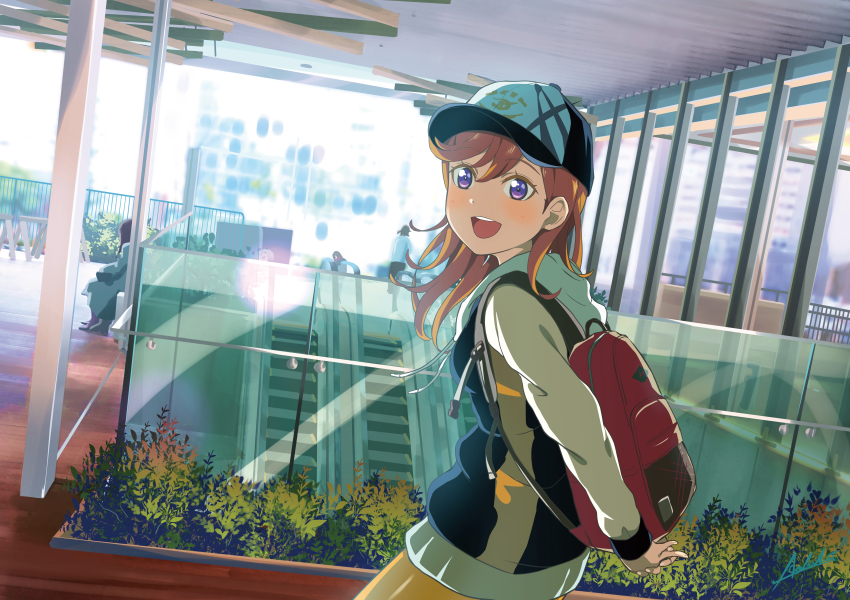 absurdres aozora_aoi backpack bag building commentary_request escalator hat highres huge_filesize jacket long_hair long_sleeves love_live! love_live!_superstar!! mall orange_hair plant purple_eyes shibuya_kanon