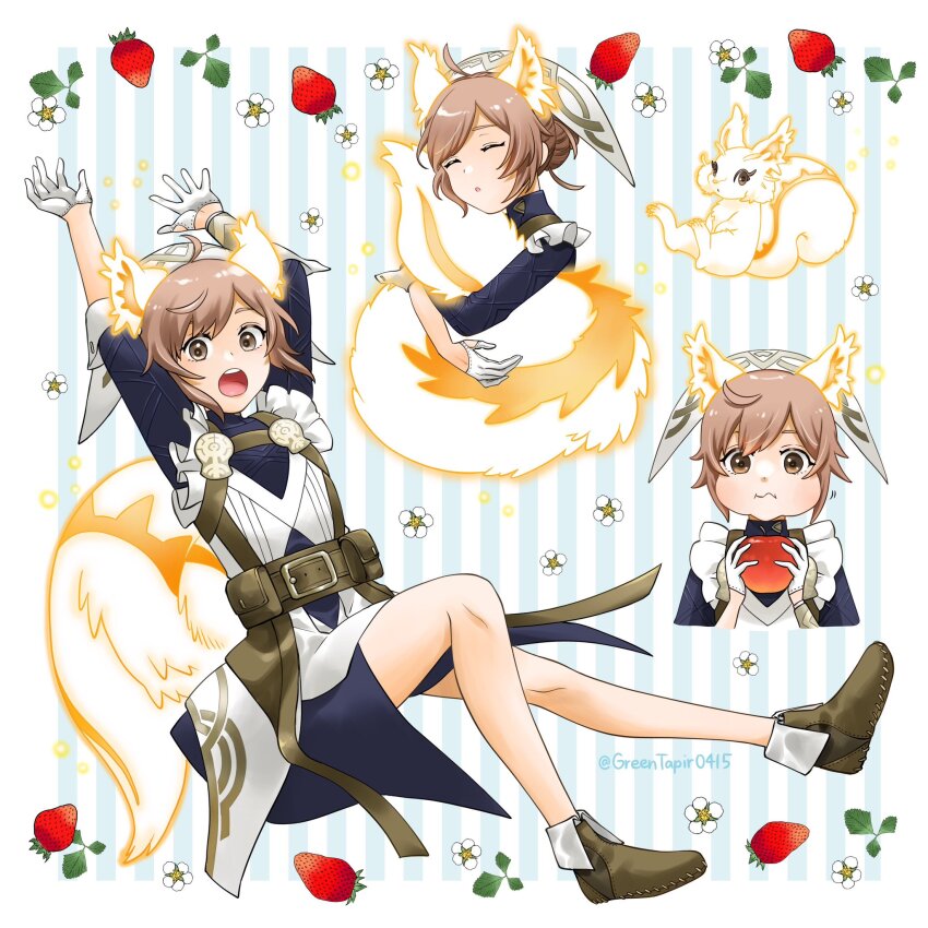 1girl animal_ears cowlick fire_emblem fire_emblem_heroes food fruit glowing_ears glowing_tail highres hugging_own_tail hugging_tail midori_no_baku multiple_views nintendo ratatoskr_(fire_emblem) squirrel_ears squirrel_girl squirrel_tail strawberry tail white_wrist_cuffs wrist_cuffs